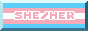 88x31 button, trans flag background with rosa text with white outline: SHE/HER